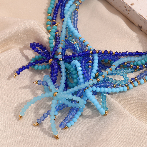 NTSMJ474 Handmade Blue Faceted Crystal Bow Necklace with Stainless Steel Beads Elegant Jewelry for Women