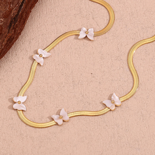 NTSMJ482 18K Gold Plated Stainless Steel 3mm Blade Chain Shell Butterfly Pendant Necklace Elegant Jewelry for Women