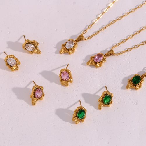 NTSMJ413 Stainless Steel Jewelry Set for Women: Volcano Rock Earrings and Oval Zircon Pendant Necklace