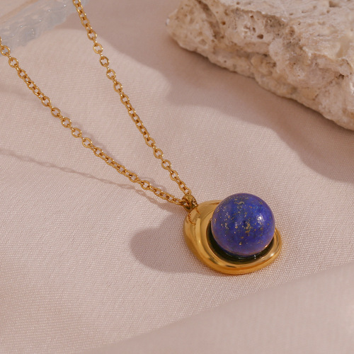 NTSMJ538 18K Gold Plated Stainless Steel Necklace with Natural Stone Round Pendant for Women Elegant Jewelry