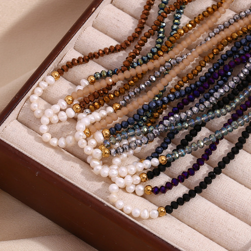 NTSMJ284 Handmade Dark Crystal and Freshwater Pearl Beaded Necklace for Women Stainless Steel Pendant