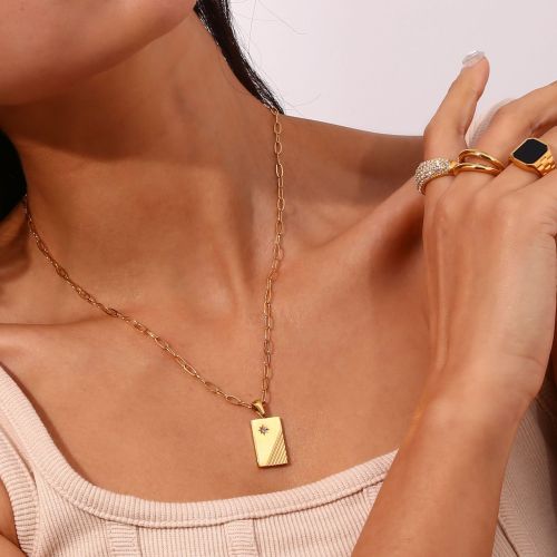 NTSMJ651 18K Gold Plated Stainless Steel Necklace with Striped Zircon Pendant for Women Elegant Jewelry