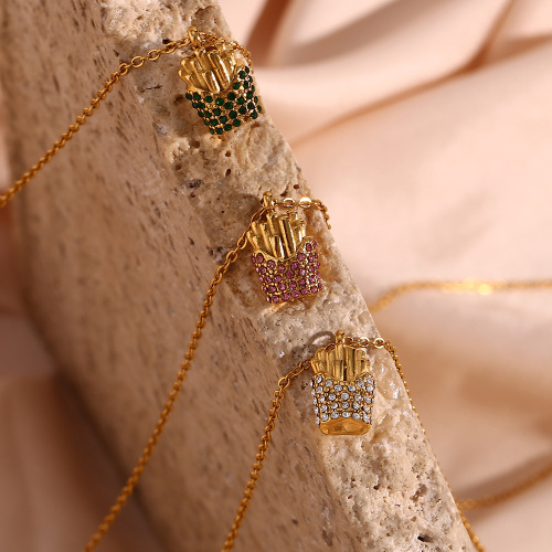 NTSMJ337 Stainless Steel Cute Zircon French Fry Pendant Necklace with Matching Stud Earrings for Women Trendy Jewelry Set
