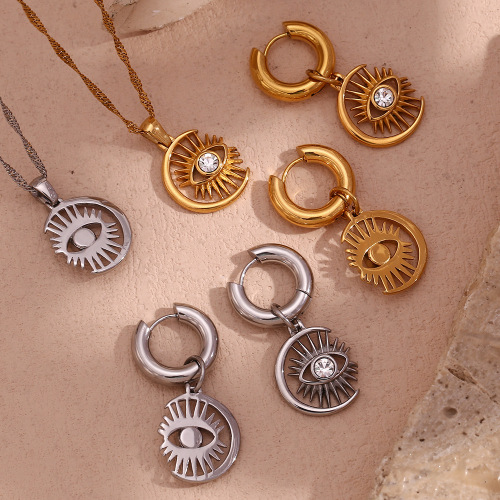 NTSMJ501 18K Gold Plated Stainless Steel Moon and Eyelash Rhinestone Eye Pendant Necklace and Earring Set for Women
