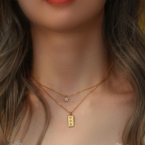 NTSMJ280 18K Gold-Plated Stainless Steel Rectangular Pendant Necklace with Three Stars for Women