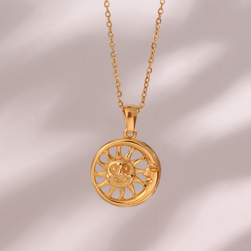 NTSMJ589 Stainless Steel Necklace with Hollow Sun and Moon Face Pendant for Women Unique Jewelry