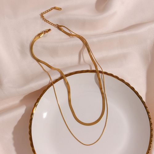 NTSMJ520 18K Gold Plated Stainless Steel Double Layer Necklace with Blade Pendant for Women Trendy Fine Rope Chain Jewelry