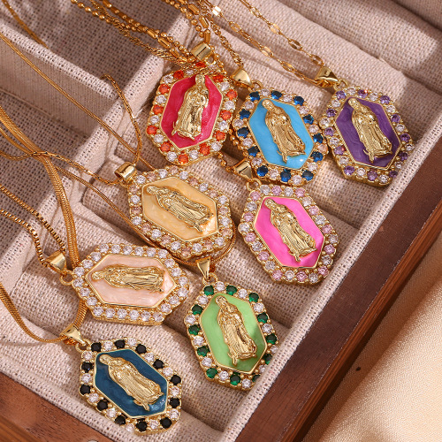 NTSMJ511 18K Gold Plated Hexagon Zirconia Virgin Mary Pendant Necklace for Women Elegant Religious Jewelry