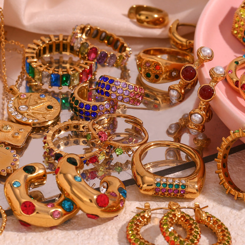 NTSMJ170 Colorful Earrings Necklace and Gold Plated Stainless Steel Ring Jewelry Set for Women