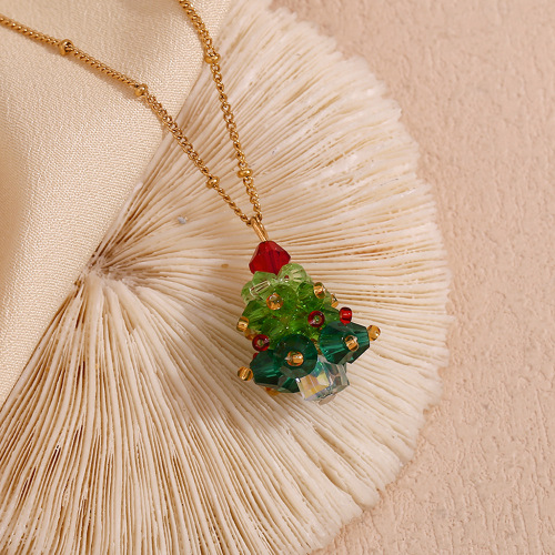 NTSMJ126 Handmade Crystal Christmas Tree Earrings and 18K Gold Plated Stainless Steel Festive Necklace Set