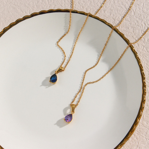 NTSMJ55 18K Gold Plated Stainless Steel Water Drop Zirconia Pendant Necklace Women's Collarbone Chain