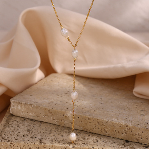 NTSMJ661 18K Gold Plated Stainless Steel Y-Chain Necklace with Freshwater Pearl Pendant for Women Elegant Jewelry