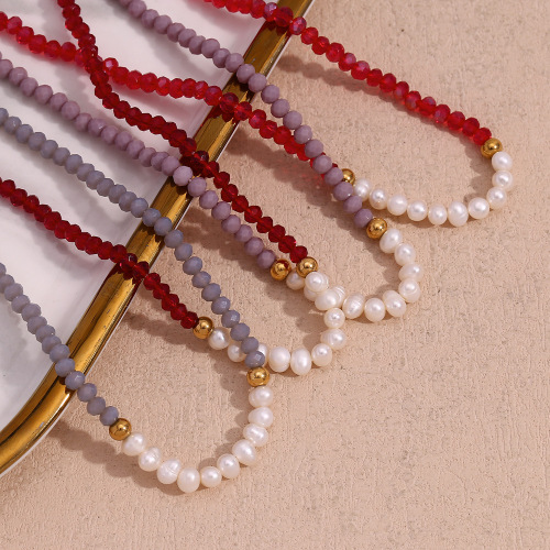 NTSMJ478 Handmade Red Faceted Crystal Beaded Necklace with Freshwater Pearls and Stainless Steel Elegant Jewelry for Women