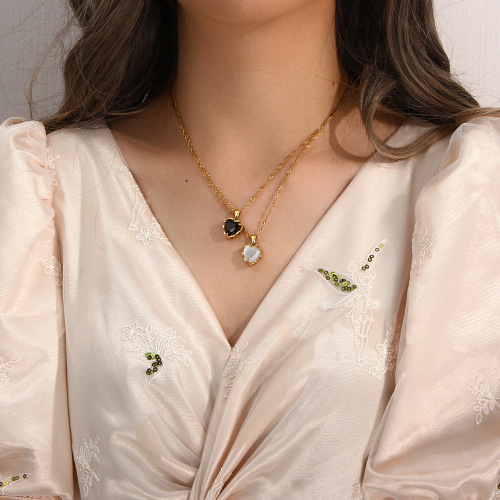 NTSMJ349 18K Gold Plated Stainless Steel Heart Zircon Pendant Necklace Trendy Jewelry for Women