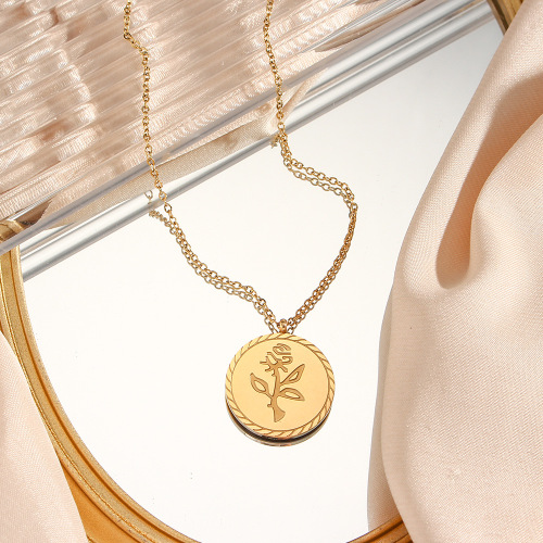NTSMJ639 18K Gold Plated Stainless Steel Necklace with Round Rose Flower Pendant for Women Elegant Jewelry