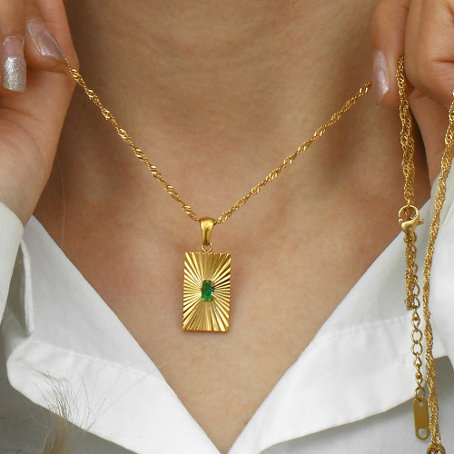 NTSMJ165 18K Gold Plated Stainless Steel Rectangular Pendant Necklace with Zircon for Women Elegant Textured Jewelry