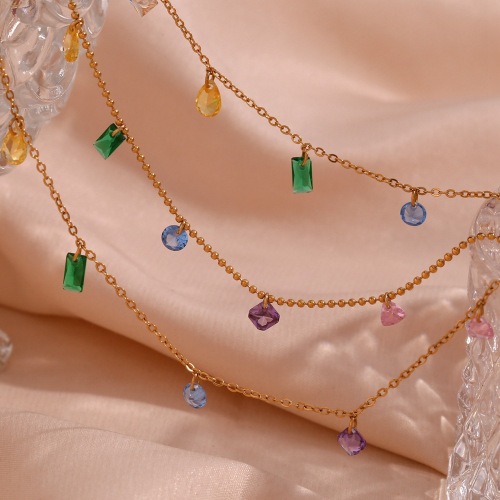 NTSMJ313 18K Gold-Plated Stainless Steel Bracelet and Anklet Set with Colorful Zirconia for Women