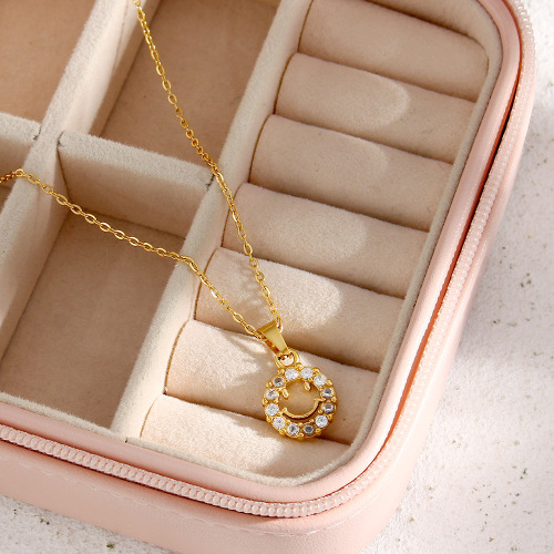 NTSMJ634 18K Gold Plated Stainless Steel Necklace with Hollow Zirconia Smiley Face Pendant for Women Trendy Jewelry