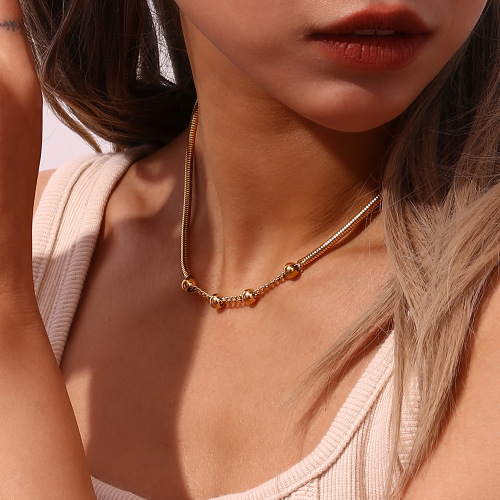 NTSMJ650 Stainless Steel Beaded Bracelet and Chunky Snake Chain Necklace Set for Women Trendy Jewelry