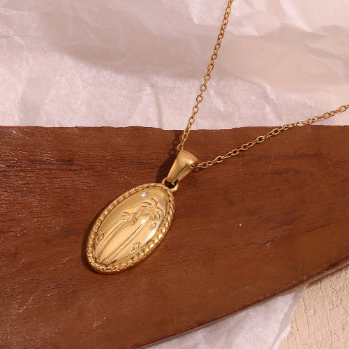 NTSMJ385 18K Gold Plated Stainless Steel Oval Palm Tree Pendant Necklace for Women Tropical Jewelry