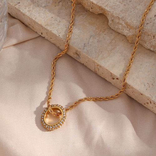 NTSMJ341 Stainless Steel Zircon Circle Pendant Necklace with Twisted Rope Chain Trendy Jewelry for Women