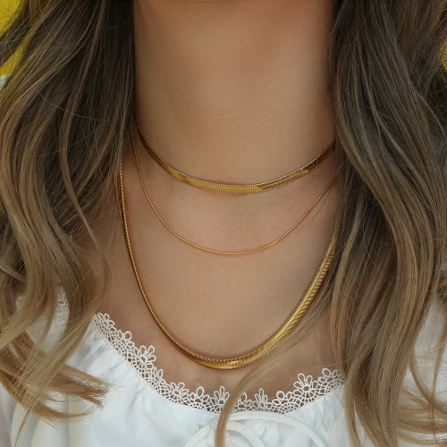 NTSMJ395 18K Gold Plated Stainless Steel Flat Snake Chain Necklace for Women Wide Blade Collarbone Jewelry