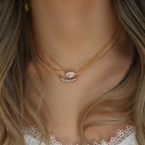 NTSMJ355 18K Gold Plated Stainless Steel Zircon Petal Smile Necklace for Women Trendy Jewelry