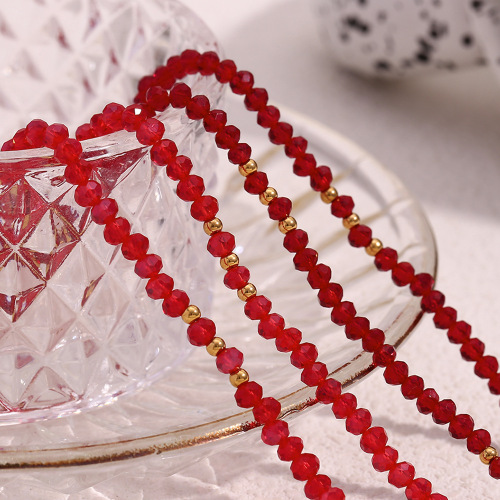 NTSMJ475 Handmade Red Faceted Crystal Bow Necklace with Stainless Steel Beads Elegant Jewelry for Women