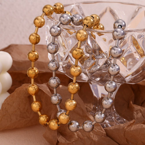 NTSMJ48 18K Gold Plated Stainless Steel Bead Chain Choker Necklace for Women Elegant Fashion Jewelry