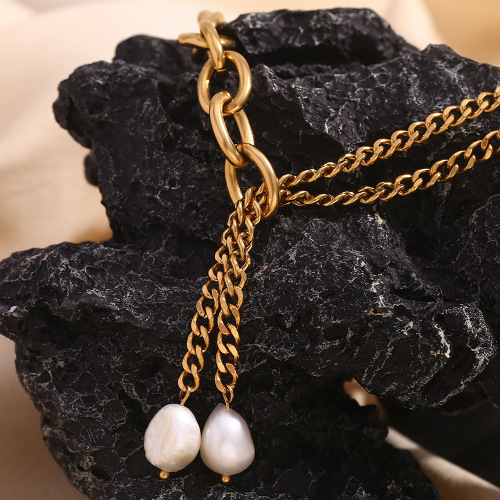NTSMJ52 18K Gold Plated Stainless Steel Double Layer Cuban Chain O-Link Y-Shaped Freshwater Pearl Necklace