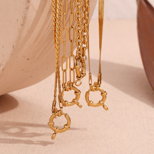 NTSMJ6 18K Gold Plated Stainless Steel Blade Pendant Necklace O-Link Chain with Spring Clasp