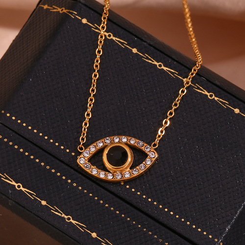 NTSMJ519 18K Gold Plated Stainless Steel Necklace with Black Evil Eye Pendant for Women Trendy and Protective Jewelry