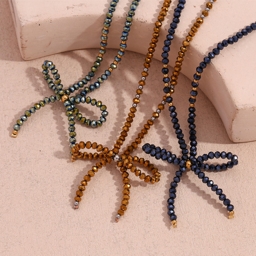 NTSMJ471 Handmade Dark Faceted Crystal Bow Necklace with Stainless Steel Beads Elegant Jewelry for Women