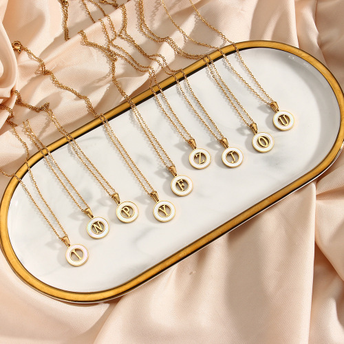 NTSMJ646 Stainless Steel Round Shell Necklace with Hollow Initial Pendant for Women Personalized Jewelry