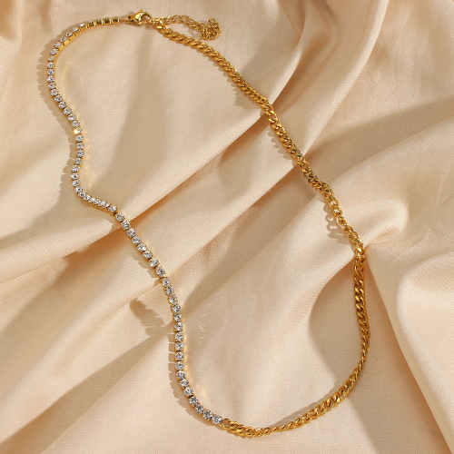 NTSMJ339 Stainless Steel Zirconia Pendant Necklace and Bracelet Set with Fine Cuban Link Chain Trendy Jewelry for Women