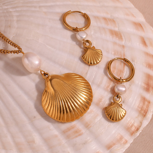 NTSMJ57 18K Gold Plated Stainless Steel Freshwater Pearl Shell Earrings and Necklace Set for Women