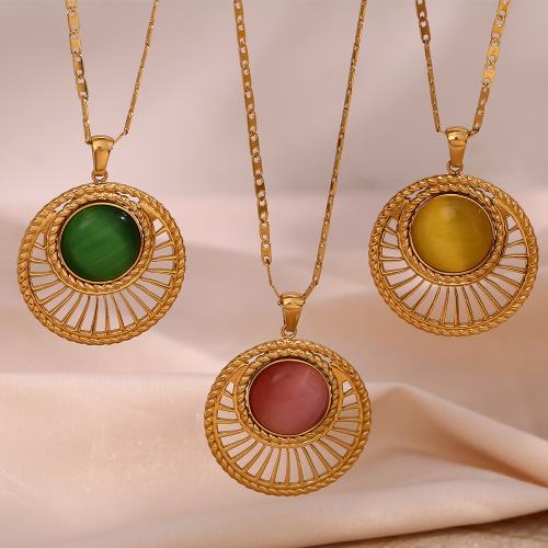 NTSMJ464 Stainless Steel Hollow Fan-Shaped Natural Stone Pendant Necklace for Women Elegant Round Jewelry