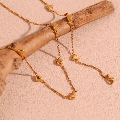 NTSMJ83 18K Gold Plated Stainless Steel Heart Charm Bracelet and Side Chain Necklace Set for Women Elegant Jewelry