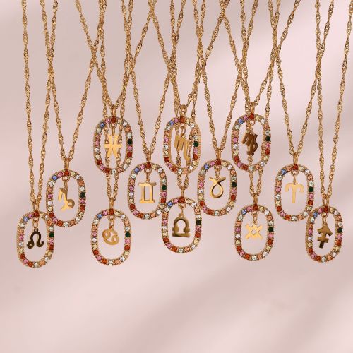 NTSMJ105 Stainless Steel Micro-Pave Hollow Oval Constellation Pendant Sweater Necklace for Women