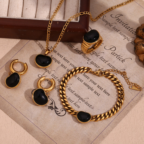NTSMJ114 18K Gold Plated Stainless Steel Onyx Heart Ring Earrings Figaro & Cuban Chain Bracelet and Necklace Set