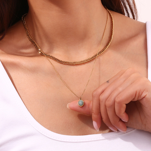 NTSMJ290 18K Gold-Plated Stainless Steel Necklace with Mini Gray Aventurine Oval Natural Stone Pendant for Women