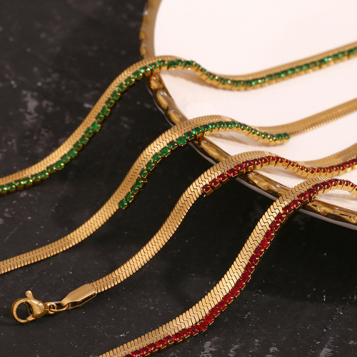 NTSMJ499 18K Gold Plated Fishbone Chain Bracelet with Colorful Zirconia for Women Trendy and Elegant Jewelry