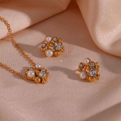 NTSMJ221 18K Gold Plated Stainless Steel Asymmetric Crystal Pearl Flower Earrings and Pendant Necklace Set