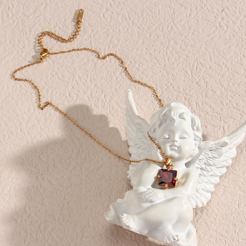 NTSMJ124 18K Gold Plated Stainless Steel Necklace with Square Zircon Pendant for Women