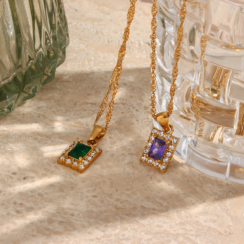 NTSMJ609 Stainless Steel Necklace with Square Zircon Pendant on Water Wave Chain 18K Gold Plated Jewelry for Women