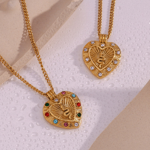 NTSMJ539 18K Gold Plated Stainless Steel Necklace with Round Diamond Snake Heart Pendant for Women Elegant Jewelry