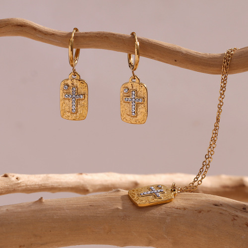 NTSMJ43 18K Gold Plated Stainless Steel Micro-Pave Cross Necklace and Hammered Square Earrings for Women