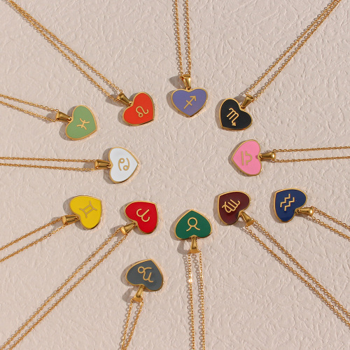NTSMJ418 Y2K Zodiac Heart Necklace: Enamel Coated Constellation Pendant Jewelry