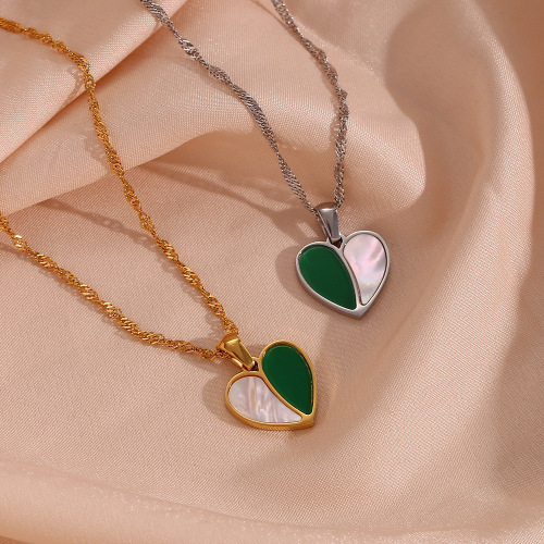 NTSMJ573 Stainless Steel Necklace with Shell Inlay Heart Pendant for Women 18K Gold Plated Jewelry