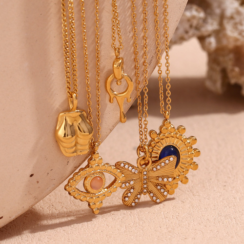 NTSMJ149 18K Gold Plated Stainless Steel Natural Stone Crescent Pendant Necklace for Women